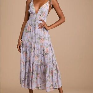 Everlasting Sight Lavender Floral Print Tie-Strap Midi Dress